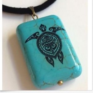 Gold Turquoise Sea Turtle Necklace Pendant 18" Island Black Cord Stone Nautical
